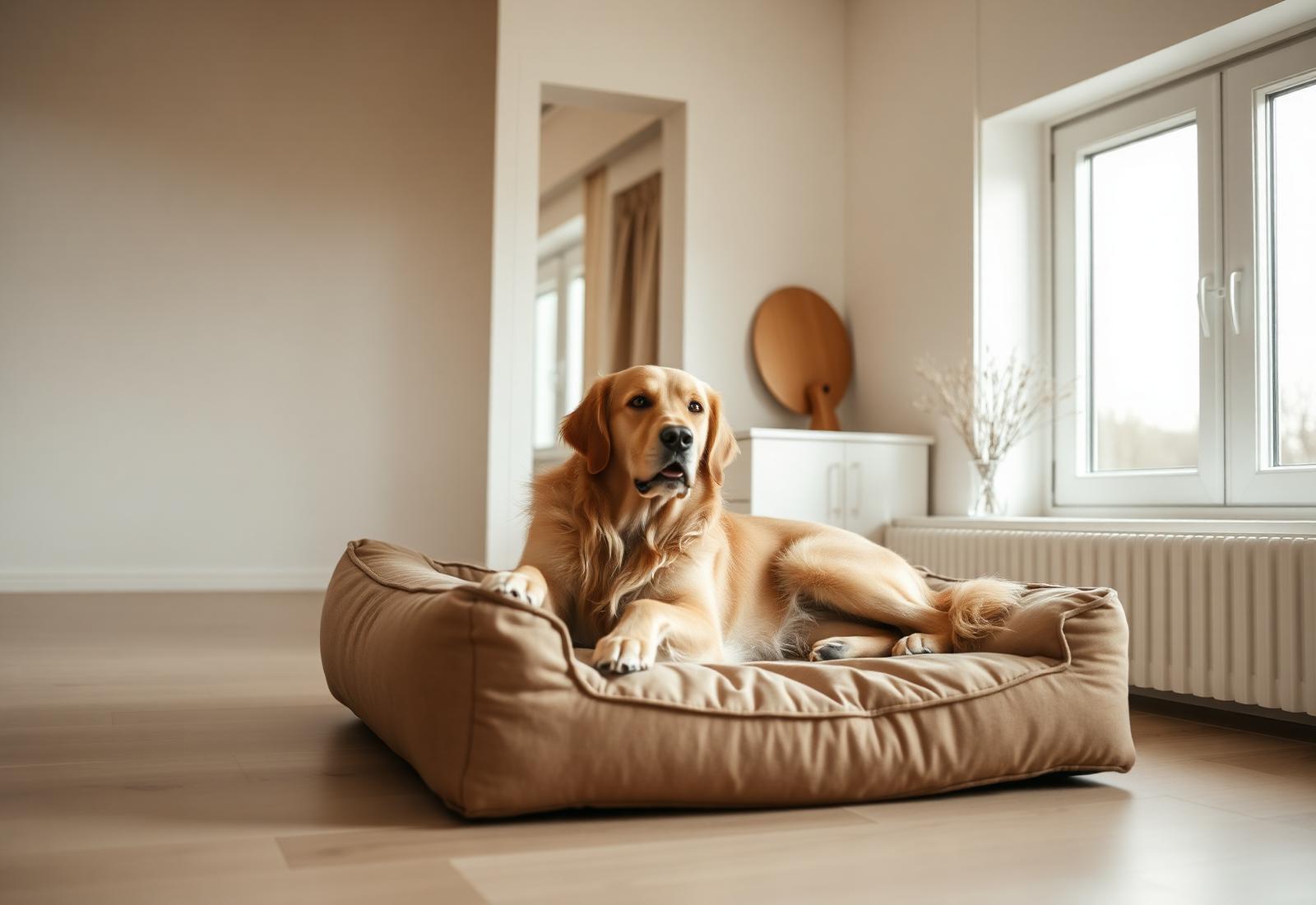 A dog resting in a bright, calm living room