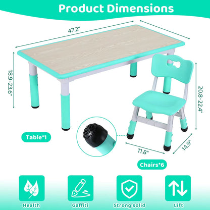 Rectangle Kids Table with 6 Chairs Set, Height Adjustable Toddler Multi Activity Table Set, Arts&Crafts Desk for Girls, 2-10 Old