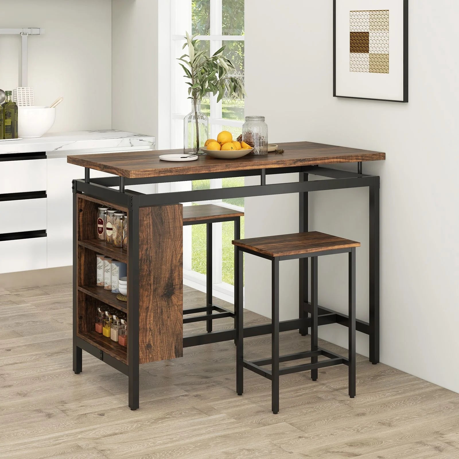 3-Piece Dining Table Set with 3-Tier Storage Shelf and Metal Frame