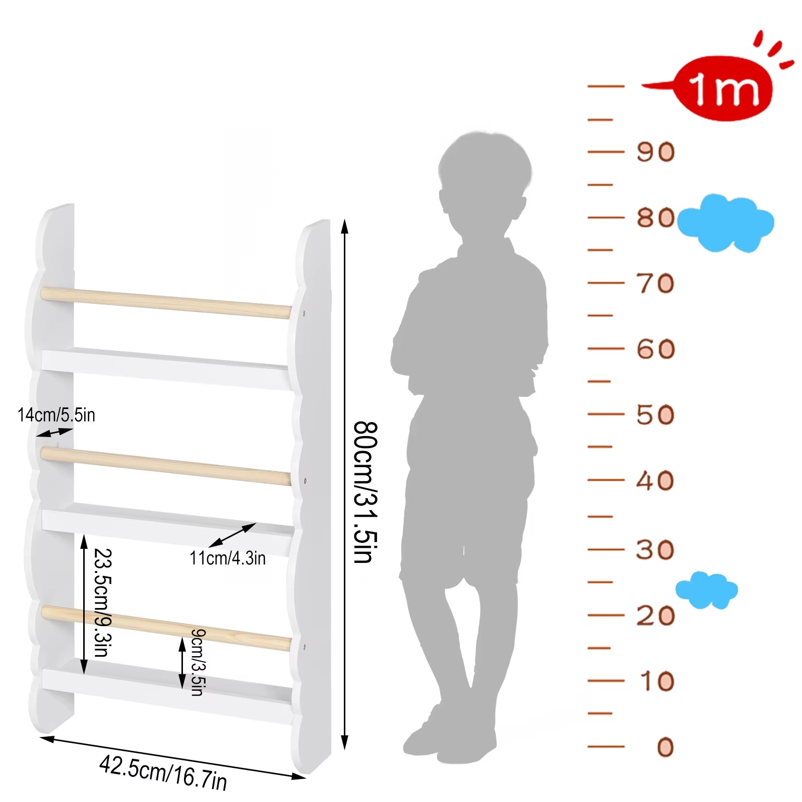 Children'S Bookshelf Kid'S Bookcase Wall Shelf Book Organizer with 4 Shelves for Book Magazine Storage Kids Room Home