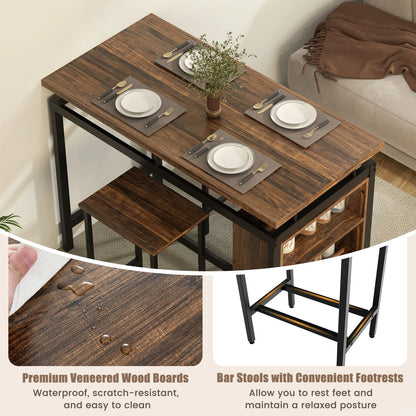 3-Piece Dining Table Set with 3-Tier Storage Shelf and Metal Frame