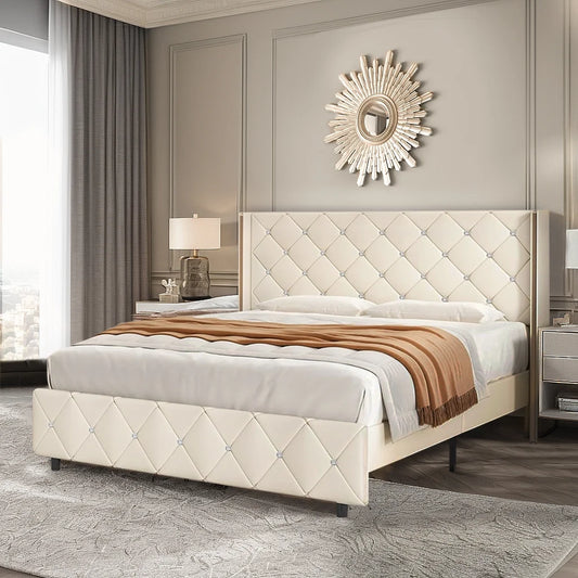 Queen Bed Frame, Upholstered Platform Queen Bed Frame with Headboard for Bedroom, No Box Spring Needed, Beige