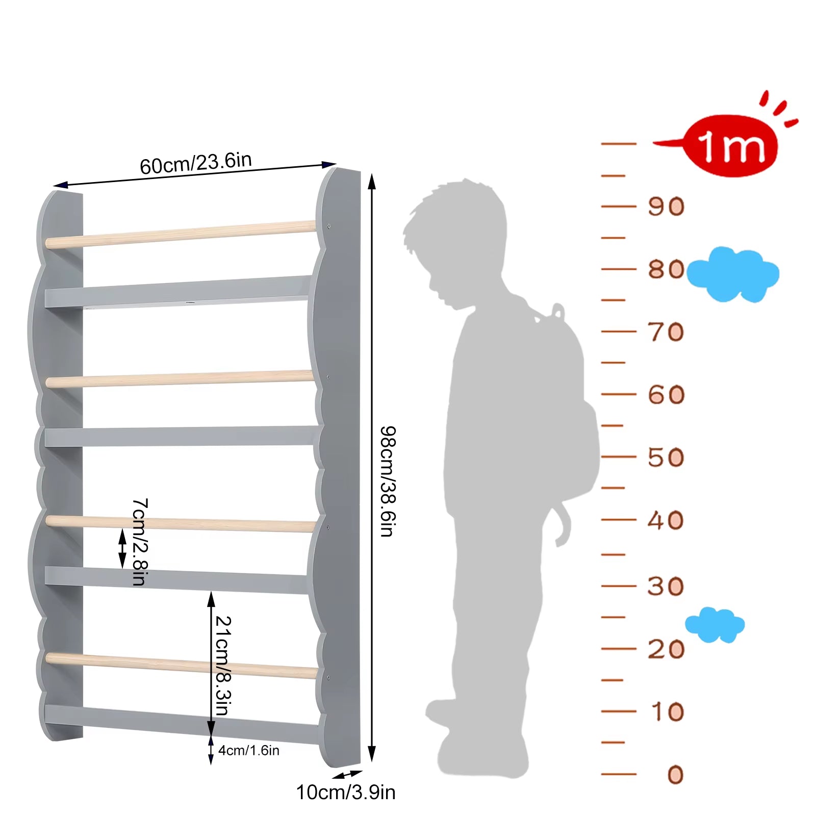 Children'S Bookshelf Kid'S Bookcase Wall Shelf Book Organizer with 4 Shelves for Book Magazine Storage Kids Room Home