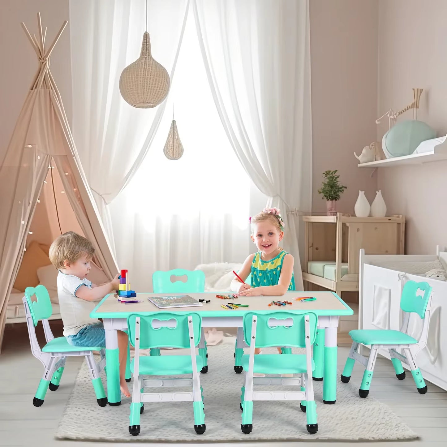 Rectangle Kids Table with 6 Chairs Set, Height Adjustable Toddler Multi Activity Table Set, Arts&Crafts Desk for Girls, 2-10 Old