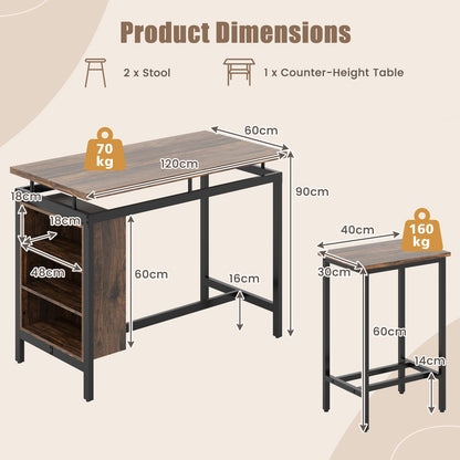 3-Piece Dining Table Set with 3-Tier Storage Shelf and Metal Frame