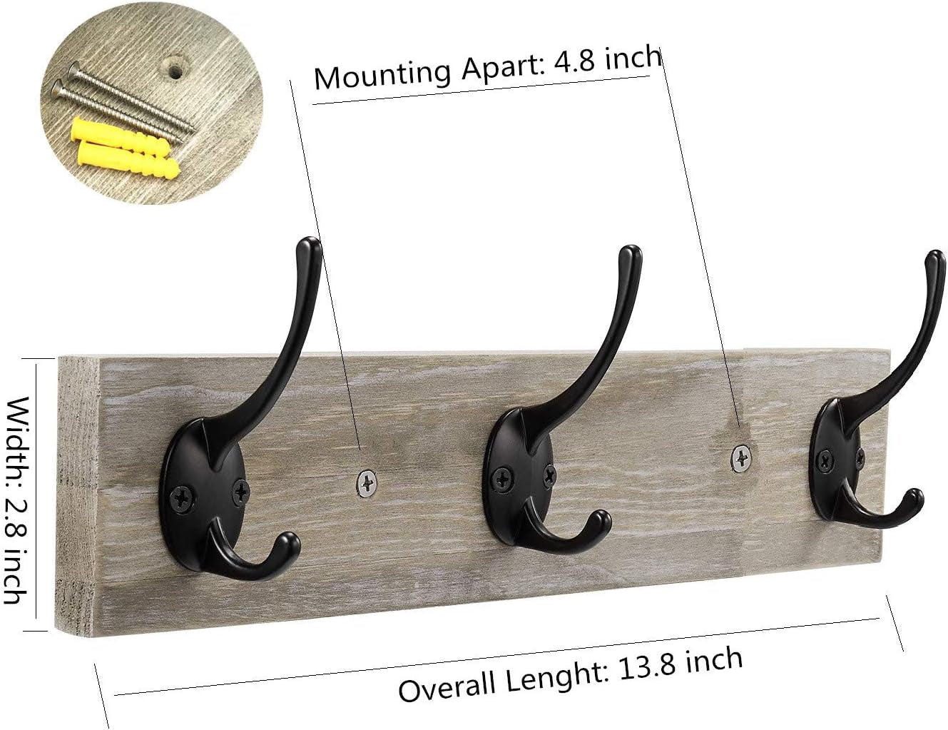 Wall Mounted Coat Rack,Wooden Entryway Vintage Rustic Coat Rack Hat Hanger Rack Zinc Die-Cast 3-Hook Rail for the Entryway, Bathroom, Bedroom, Kitchen, Mudroom (3 Hooks, Pinewood)