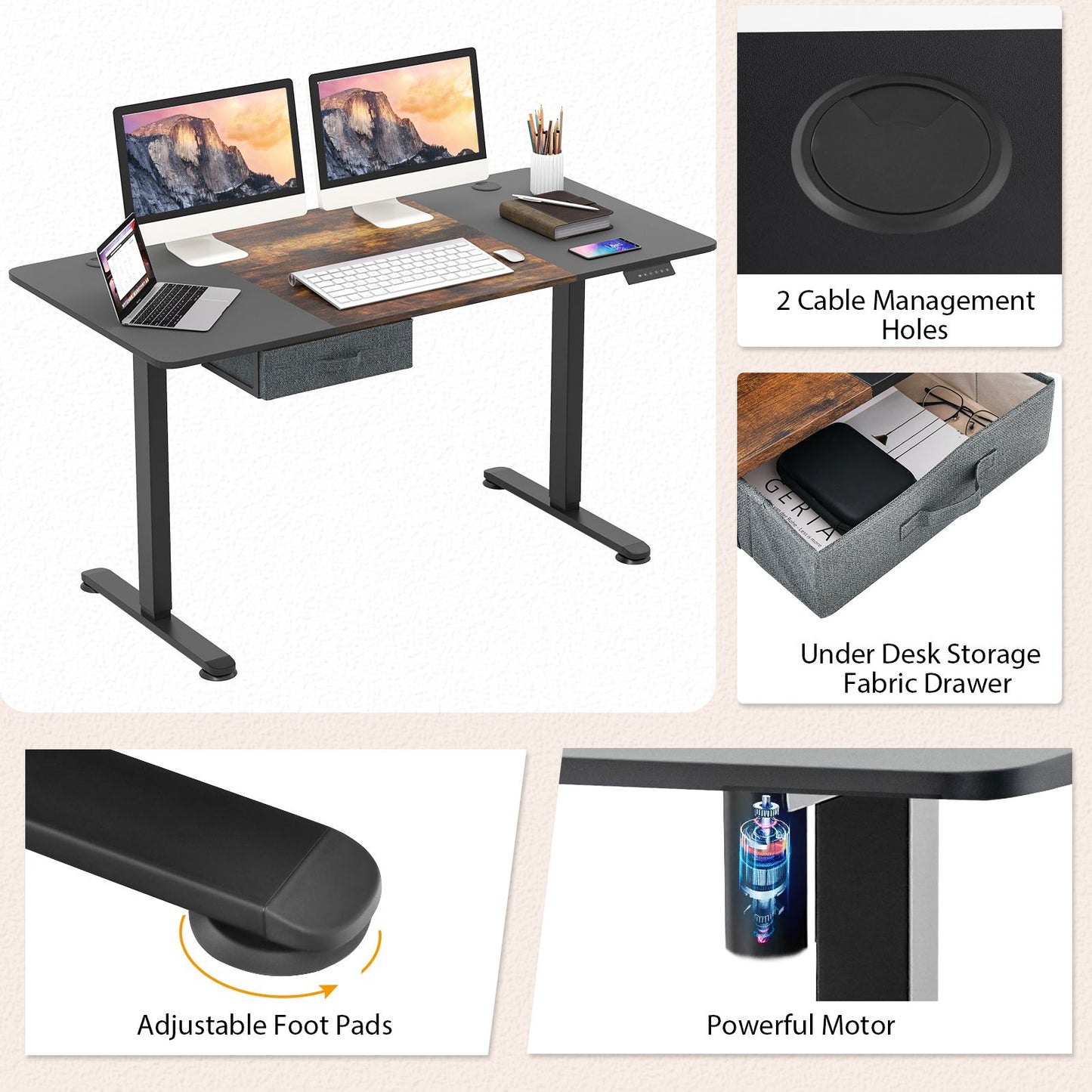 Electric Height Adjustable Standing Desk with USB Charging Port