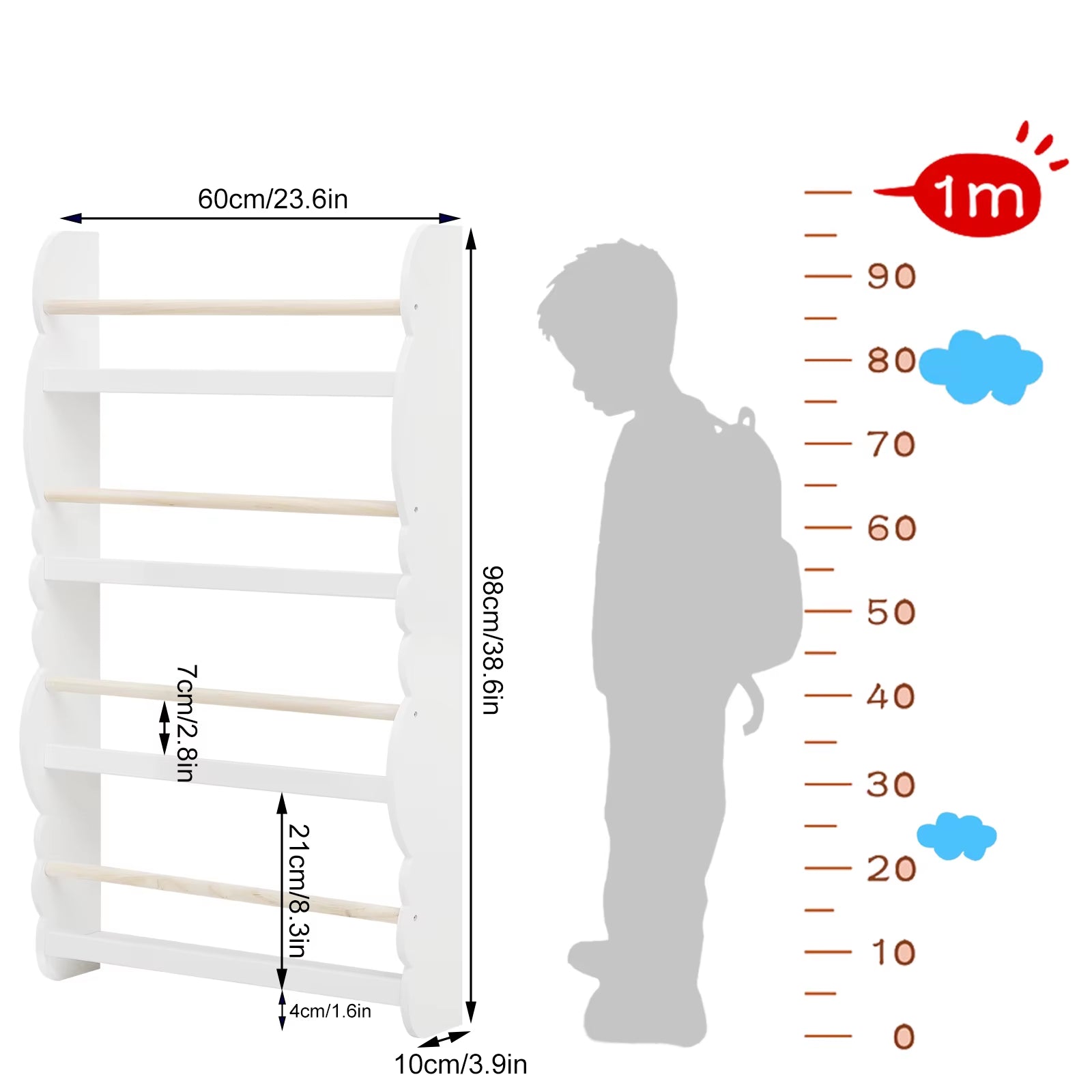 Children'S Bookshelf Kid'S Bookcase Wall Shelf Book Organizer with 4 Shelves for Book Magazine Storage Kids Room Home