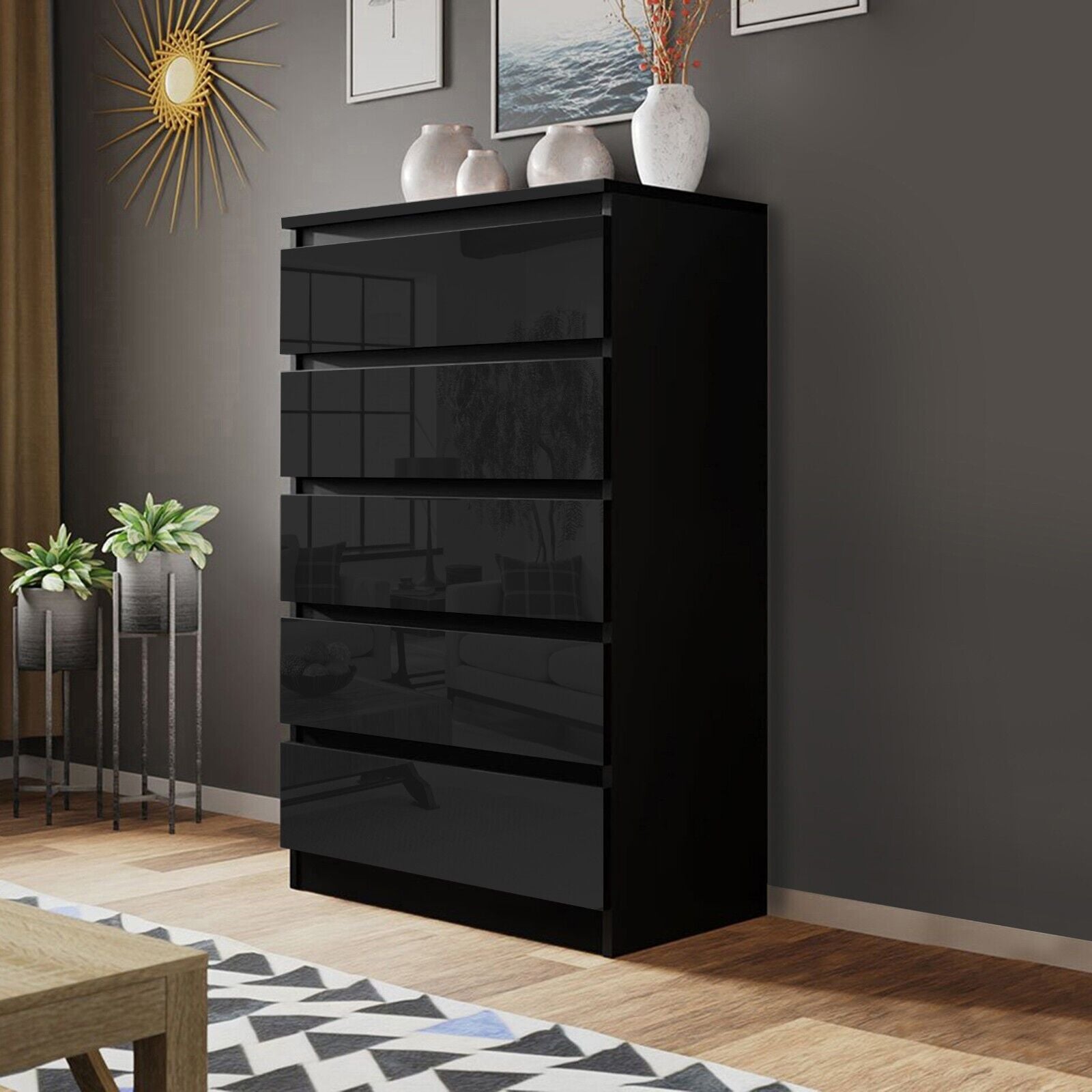 High Gloss Chest of Drawers Bedside Cabinet Tall Wide Storage Bedroom Furniture