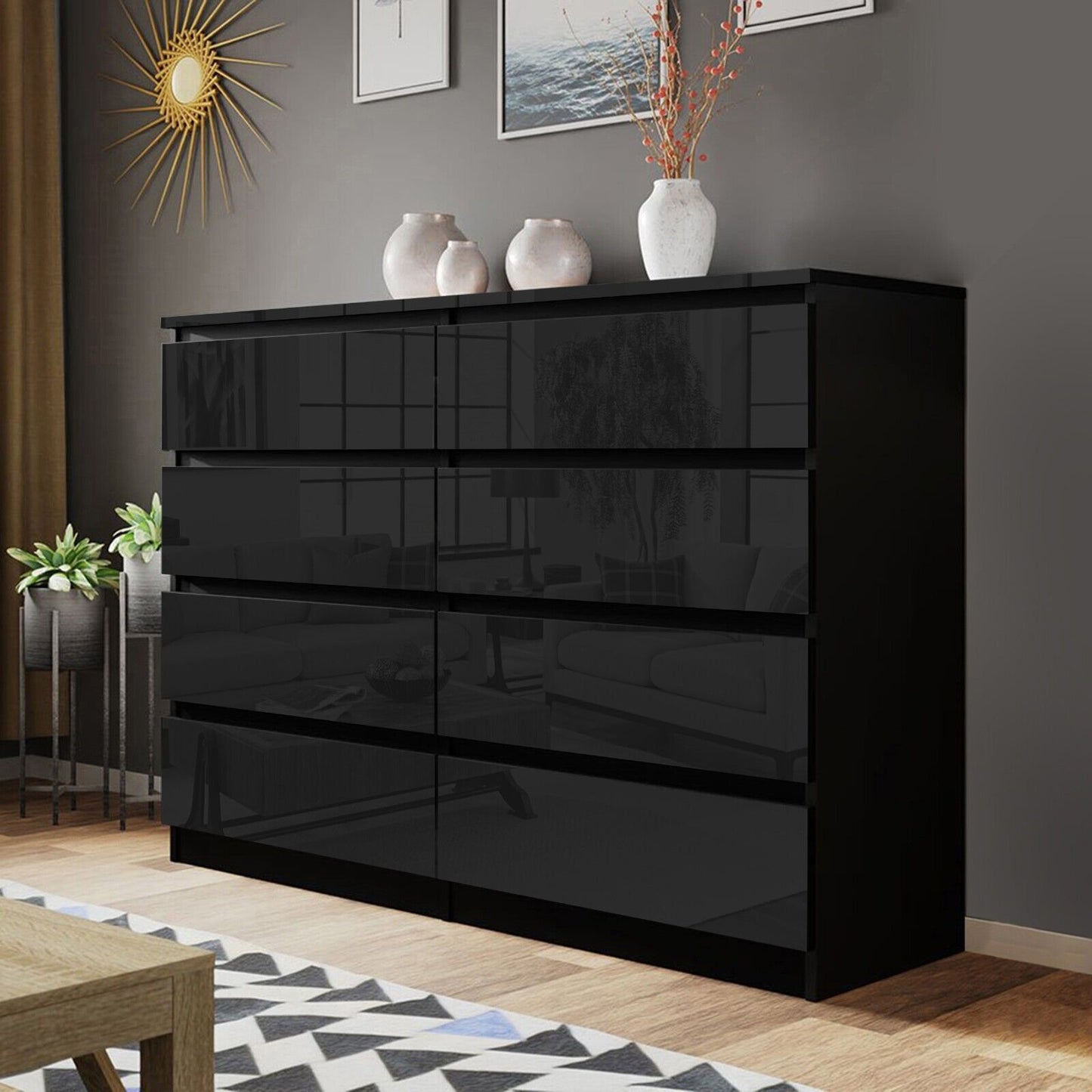 High Gloss Chest of Drawers Bedside Cabinet Tall Wide Storage Bedroom Furniture