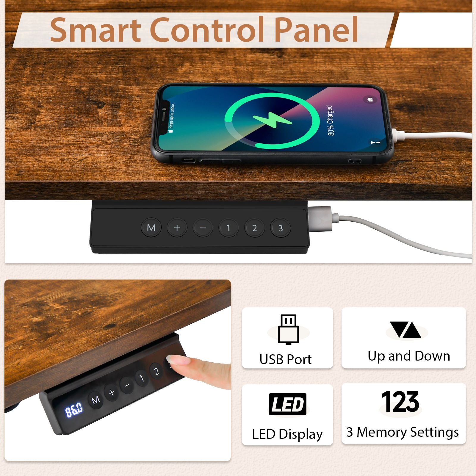 Electric Height Adjustable Standing Desk with USB Charging Port