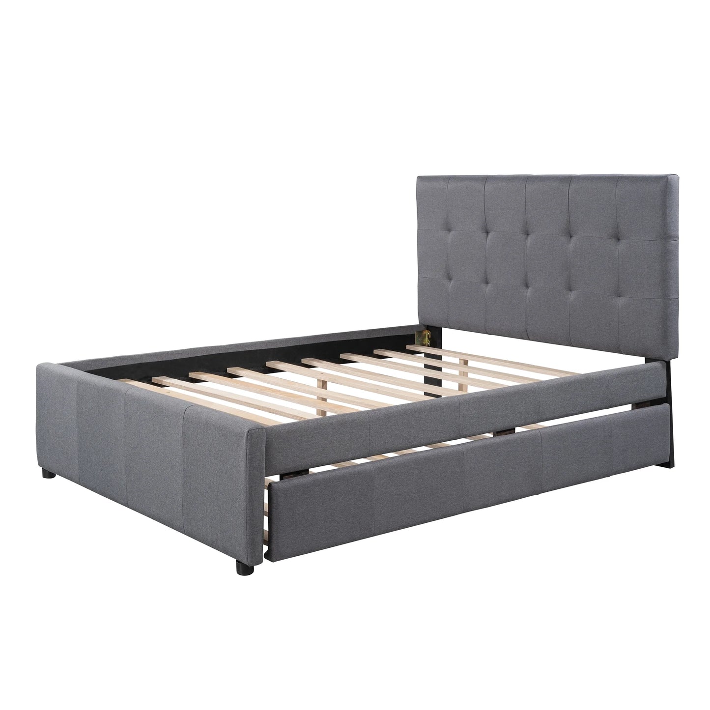 Line Full Size Upholstered Platform Bed with Trundle for Kids, Gray