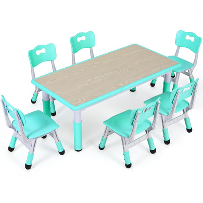 Rectangle Kids Table with 6 Chairs Set, Height Adjustable Toddler Multi Activity Table Set, Arts&Crafts Desk for Girls, 2-10 Old