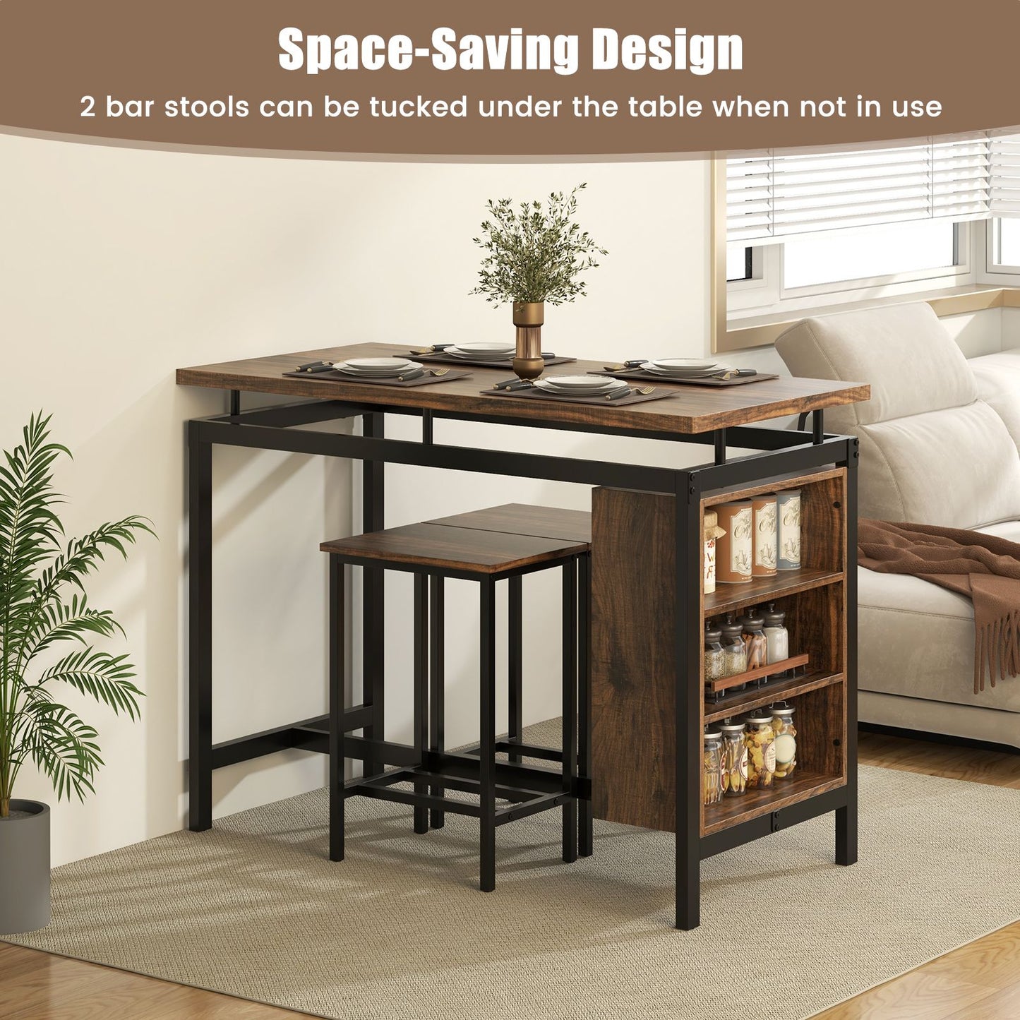 3-Piece Dining Table Set with 3-Tier Storage Shelf and Metal Frame